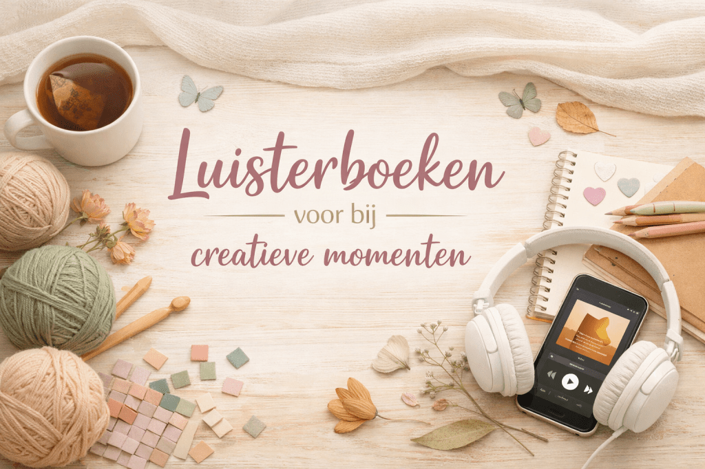 Een telefoon, koptelefoon en creatieve spulletjes op een witte achtergrond