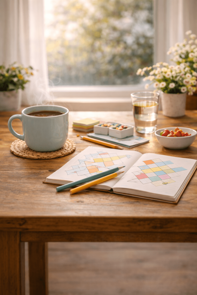 Een open kleurboek met een kop koffie ernaast