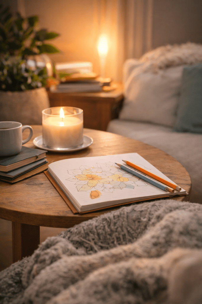 Een open kleurboek met een brandend kaarsje ernaast