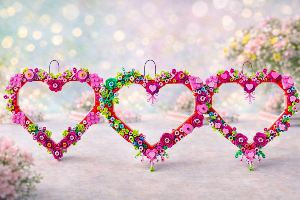 Alle drie versies van het LEGO hart naast elkaar