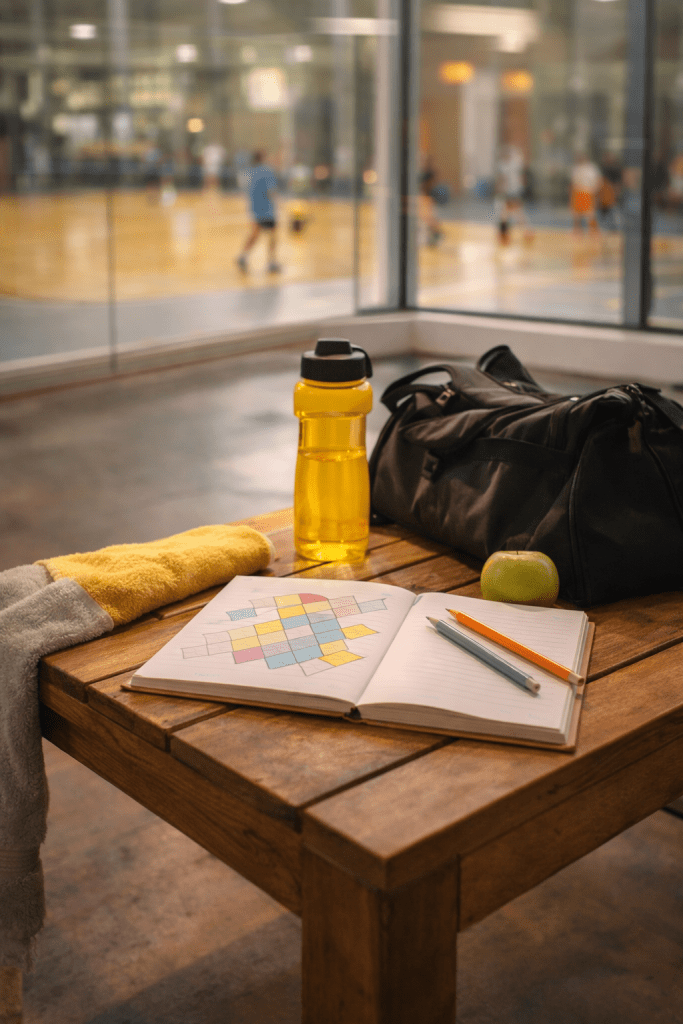 Een open kleurboek op tafel met een sporttas ernaast