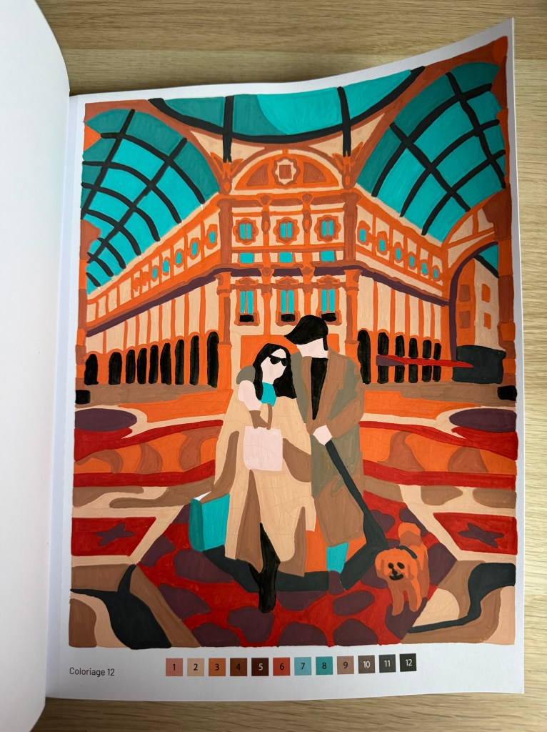 Ingekleurde kleurplaat van winkelende mensen in Milaan