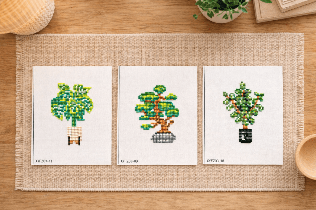 3 mini diamond paintings naast elkaar