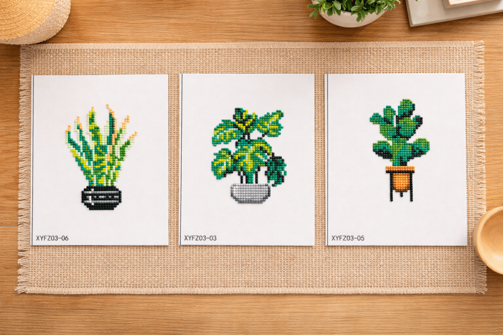 Drie diamond paintings naast elkaar op een placemat