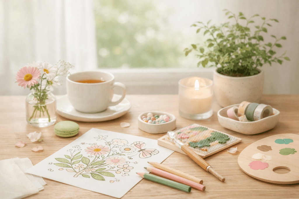 Sfeerbeeld van een gezellige creatieve tafel in de lente