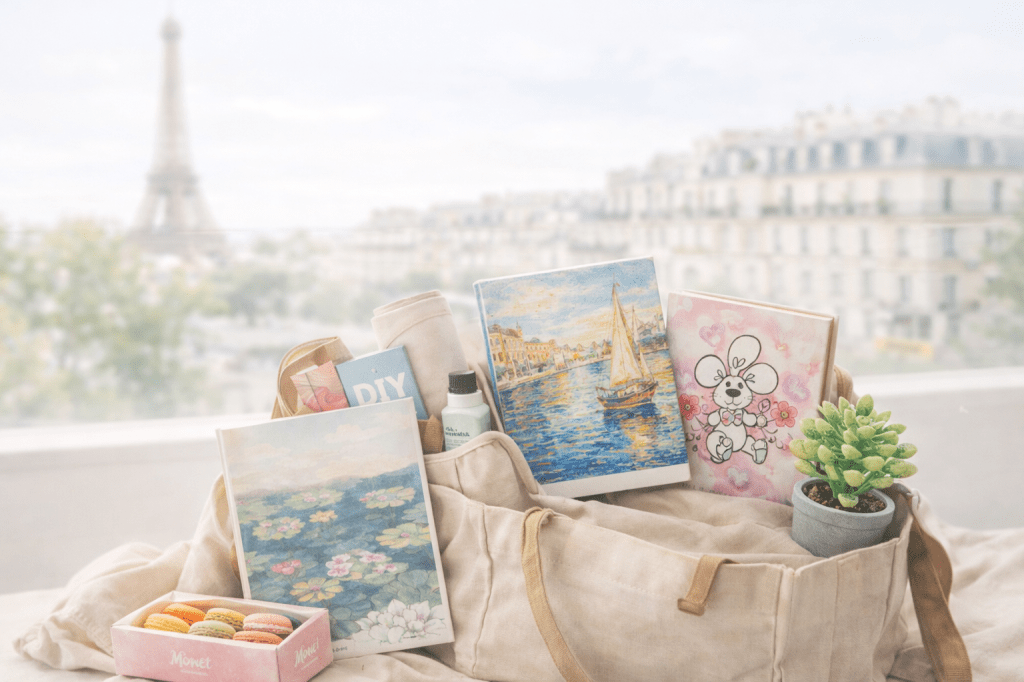 Sfeerbeeld van volle tas met Parijs op de achtergrond