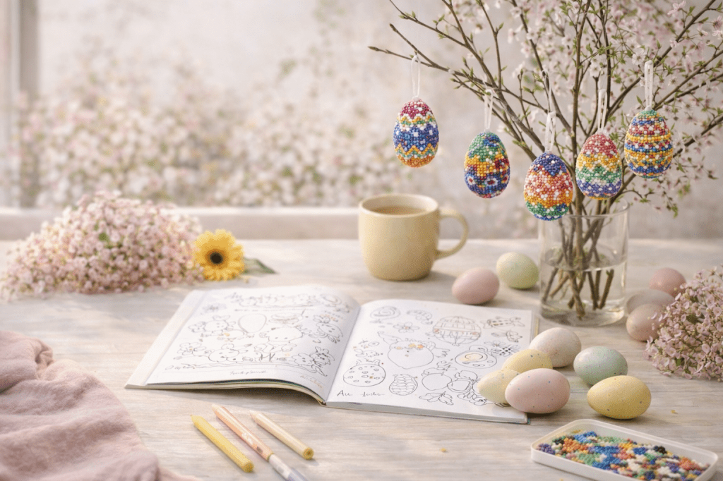 Een tafel met een kleurboek en een paastak