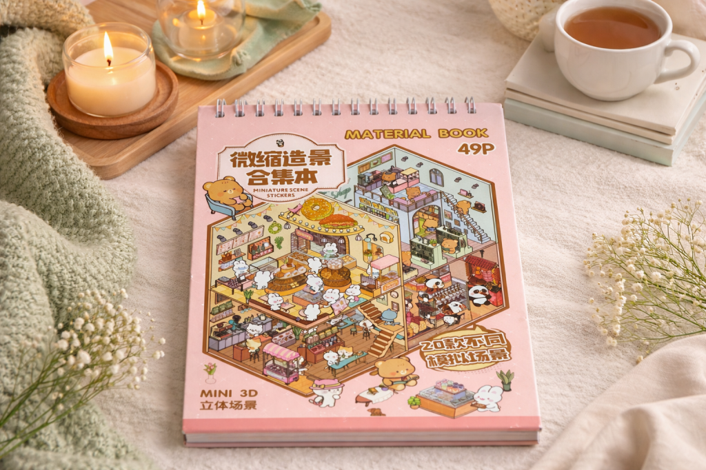 3d stickerboek op een tafel met thee en kaarsjes