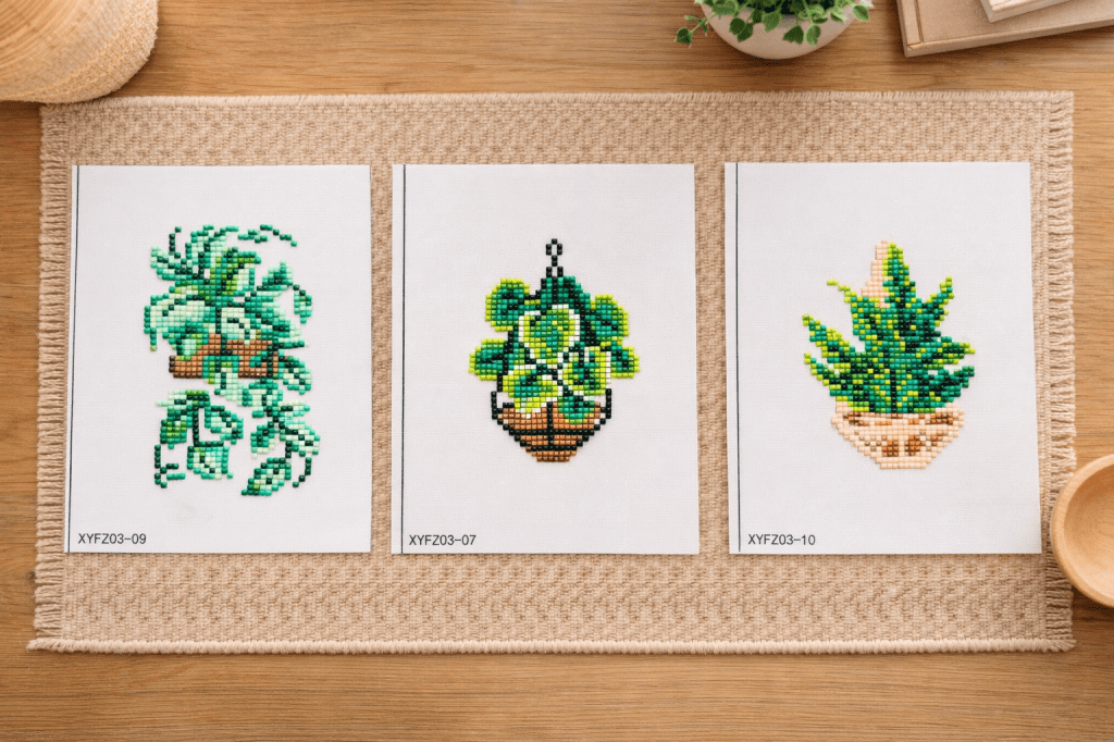 Drie diamond paintings van planten naast elkaar
