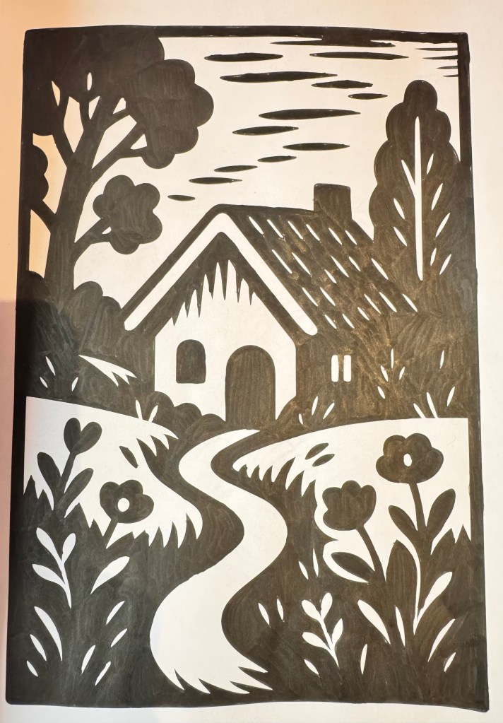 Een ingekleurde kleurplaat van een huisje met een tuin