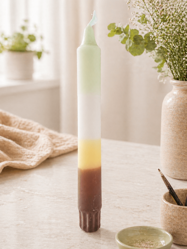 Dip dye kaars met bruin, geel, wit en groen