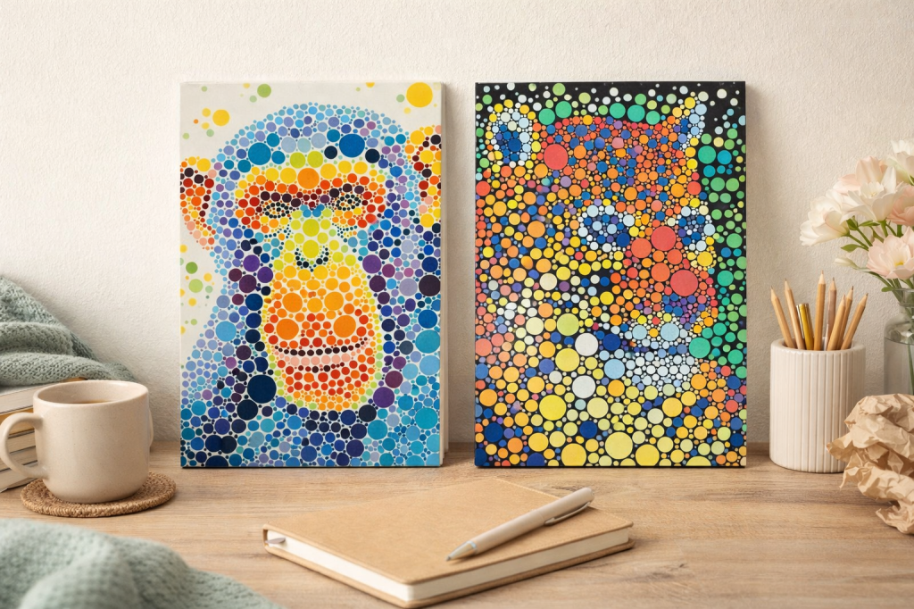 2 stickerdots kleurplaten tegen een muur