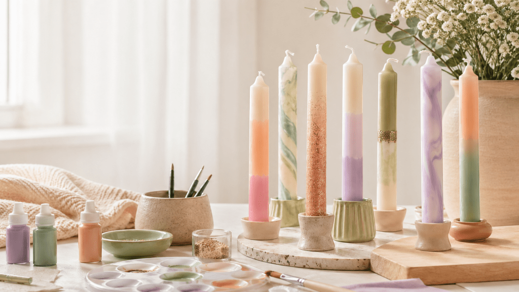 Versierde dinerkaarsen in standaarden op een gezellig creatieve tafel