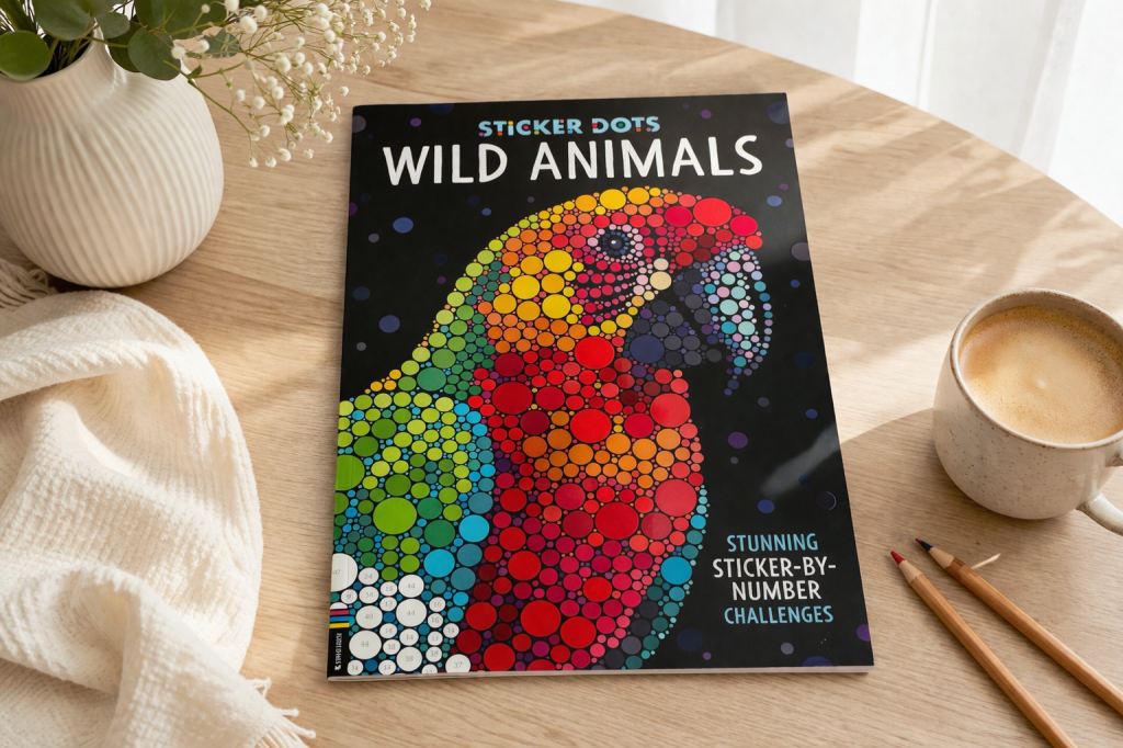 Sticker dots wild animals boek op een tafel