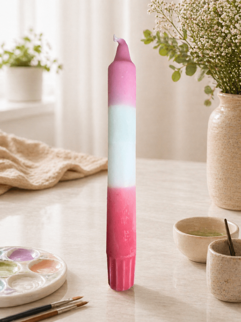 Dip dye versierde kaars met rood, groen en roze