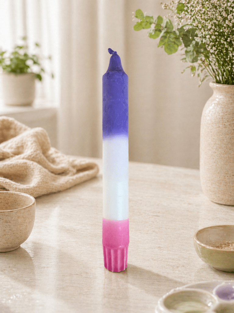 Dip dye dinerkaars met roze, groen, wit en paars