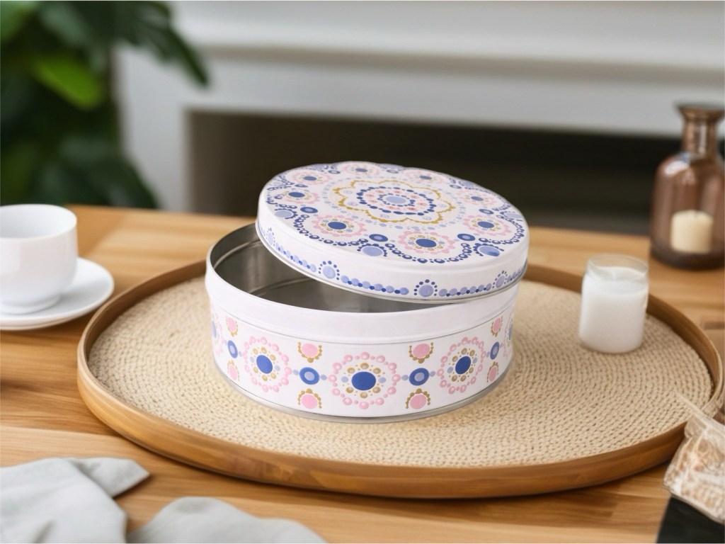 Gestipt koekblik op een houten dienblad