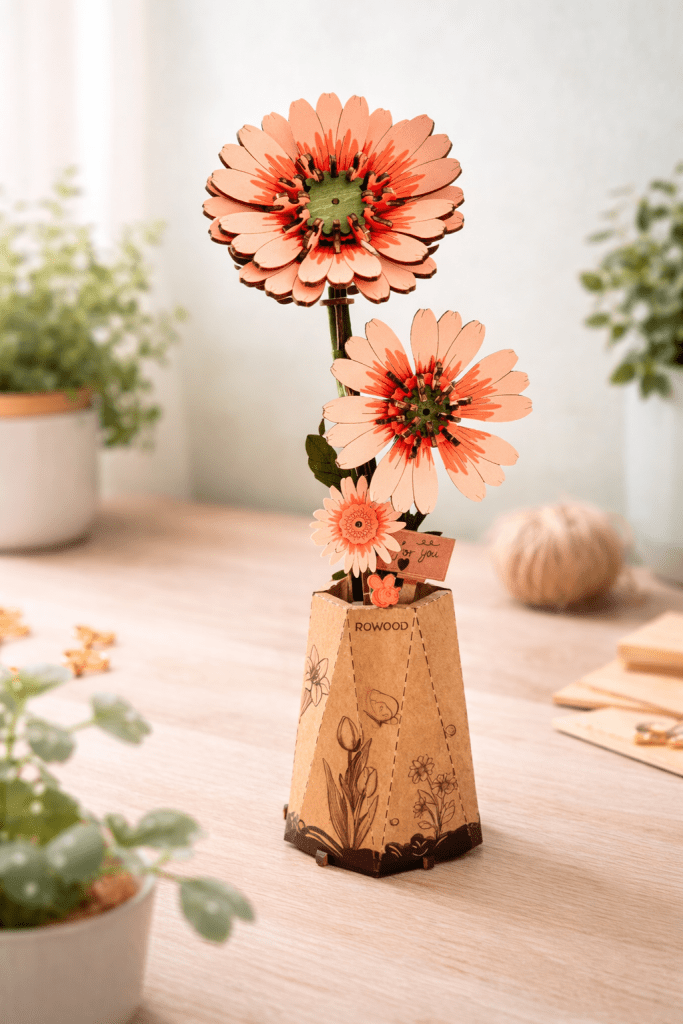 De houten gerbera helemaal af