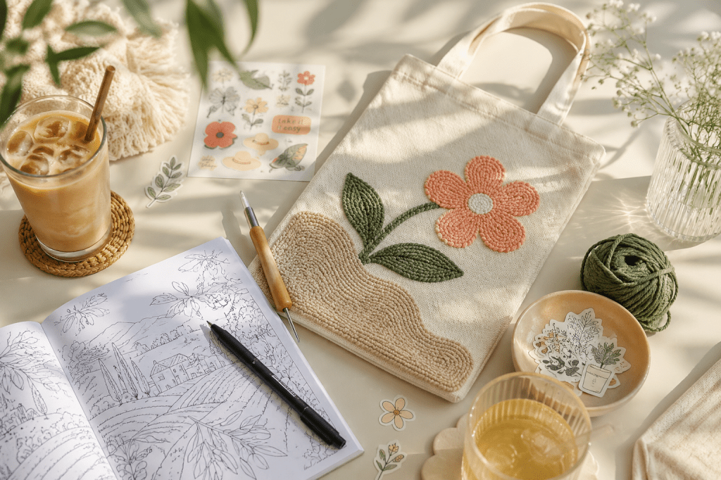 Een canvas tasje, kleurboek en stickers in een zomerse setting