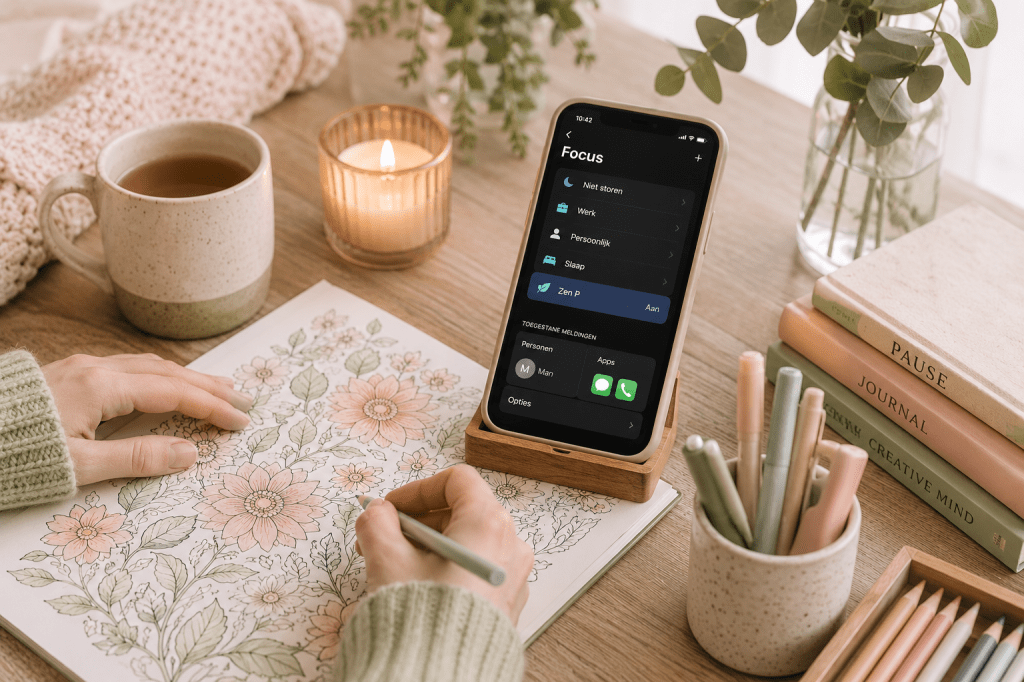 Twee handen die kleuren met een telefoon in focusmodus ernaast