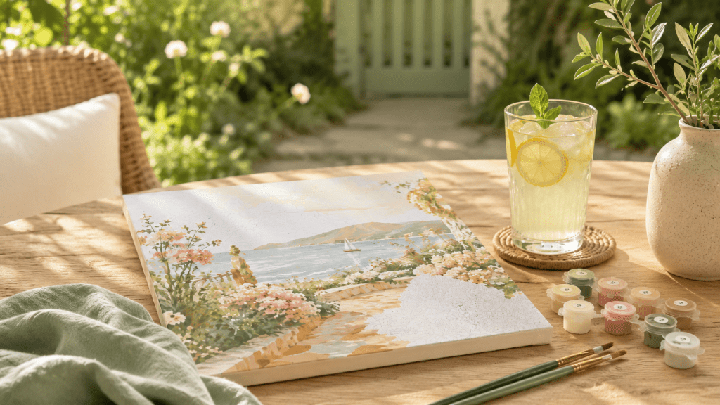 Een zomerse tuintafel met een schilderset erop