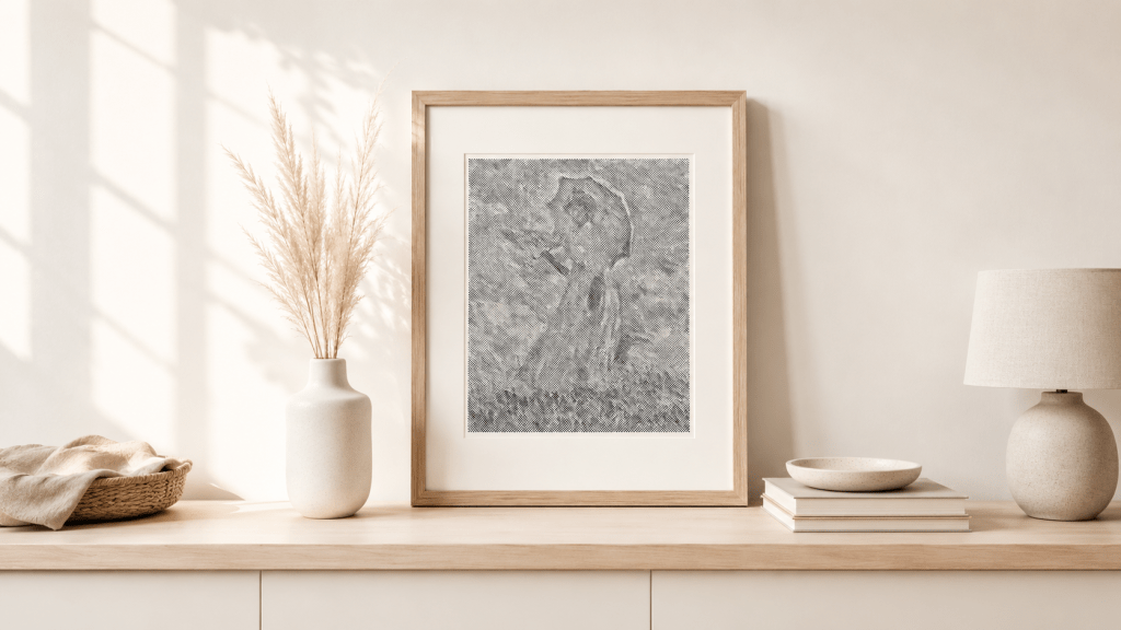 Monet dot painting op een kastje tegen de muur