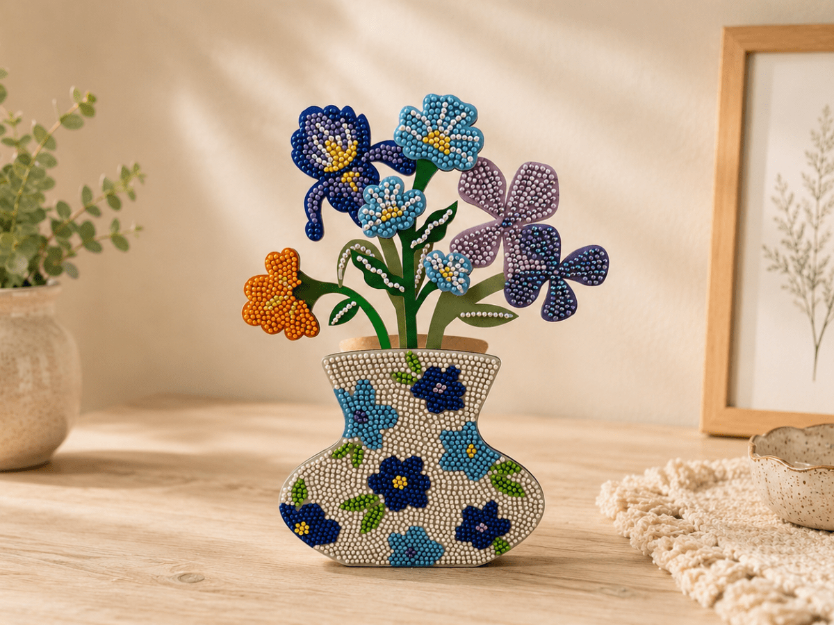 Een houten vaasje met bloemen om te diamond painten en neer te&nbsp;zetten