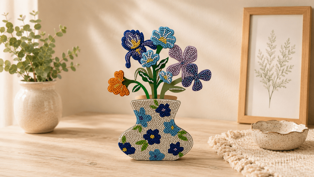 Het diamond painting vaasje op een tafel met daarnaast een plantje en een fotolijstje