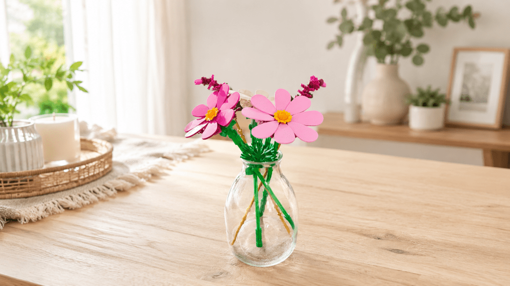 Het Lego Cosmeabloemen boeketje in een vaasje op een tafel