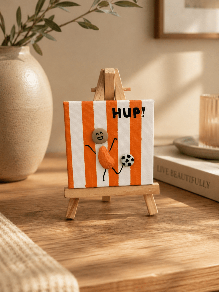 Het mini schilderijtje op een ezeltje op een tafel
