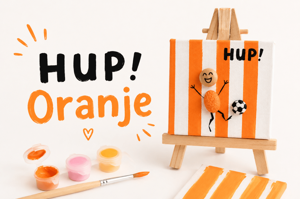 Hup Oranje tekst met het schilderijtje op een ezeltje ernaast