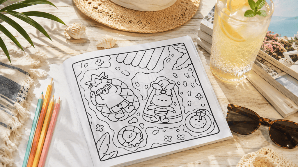 Een zomerse cosy kleurplaat op een tafel met potloden, een limonade en een zonnebril