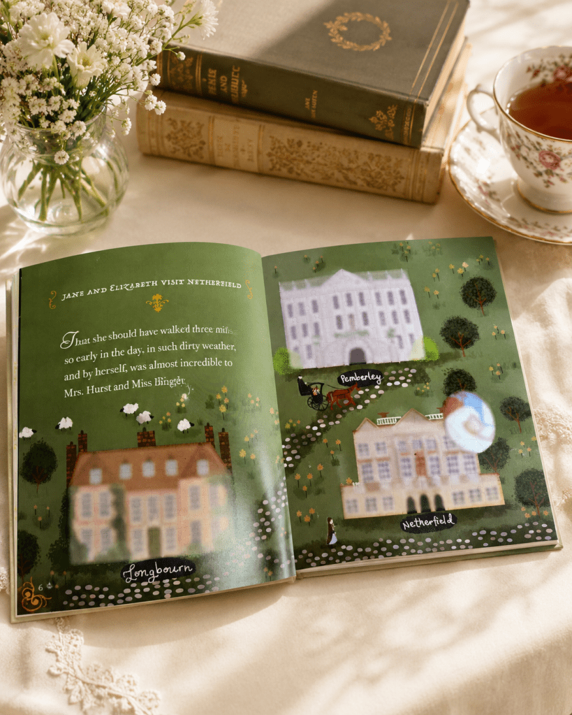 Een pagina uit het boek met Pemberley House erop