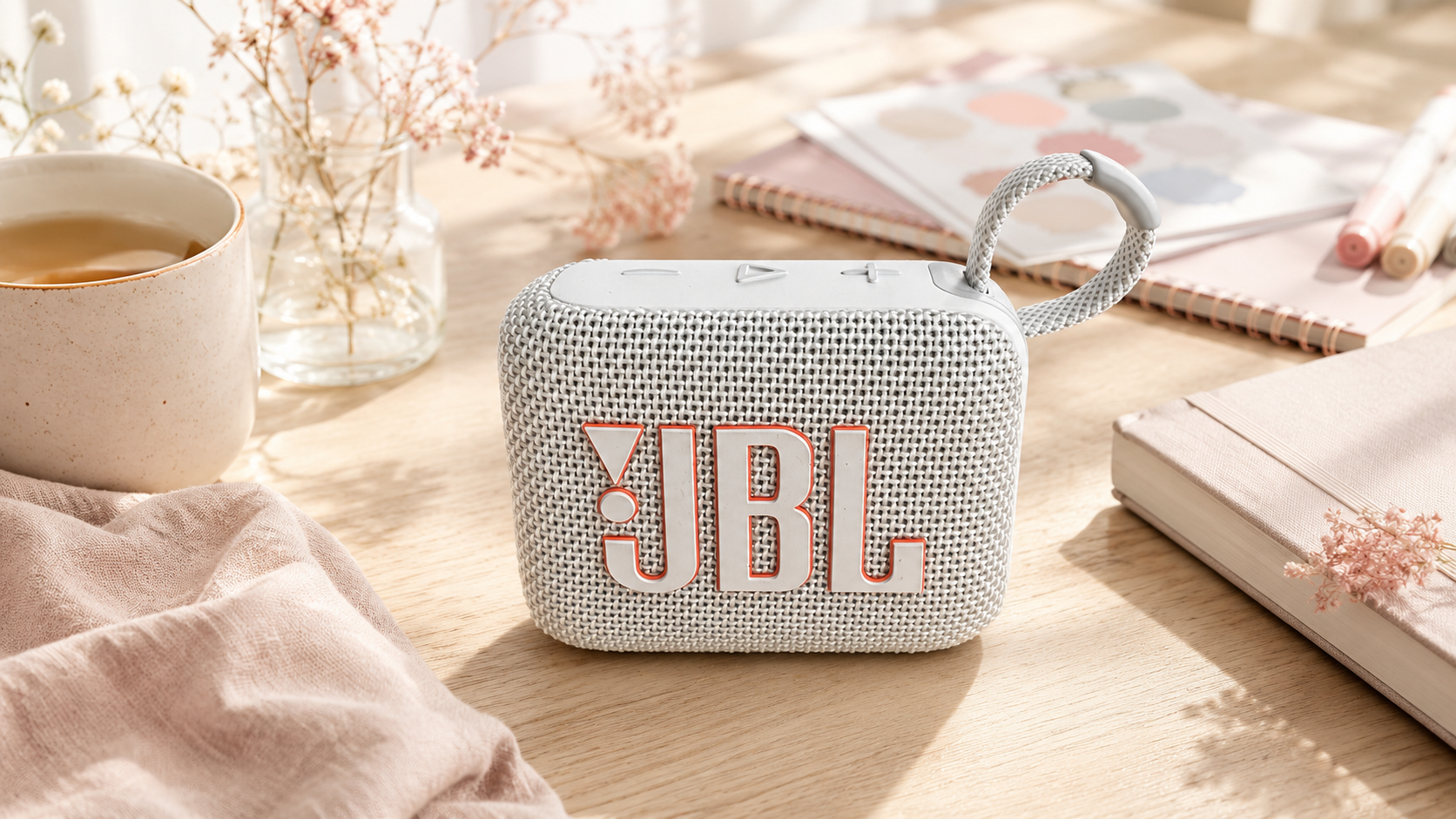 De JBL Go speaker op een gezellig creatieve tafel