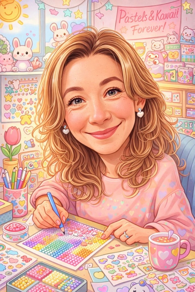 Karikatuur van Priscilla omringd met creative spulletjes