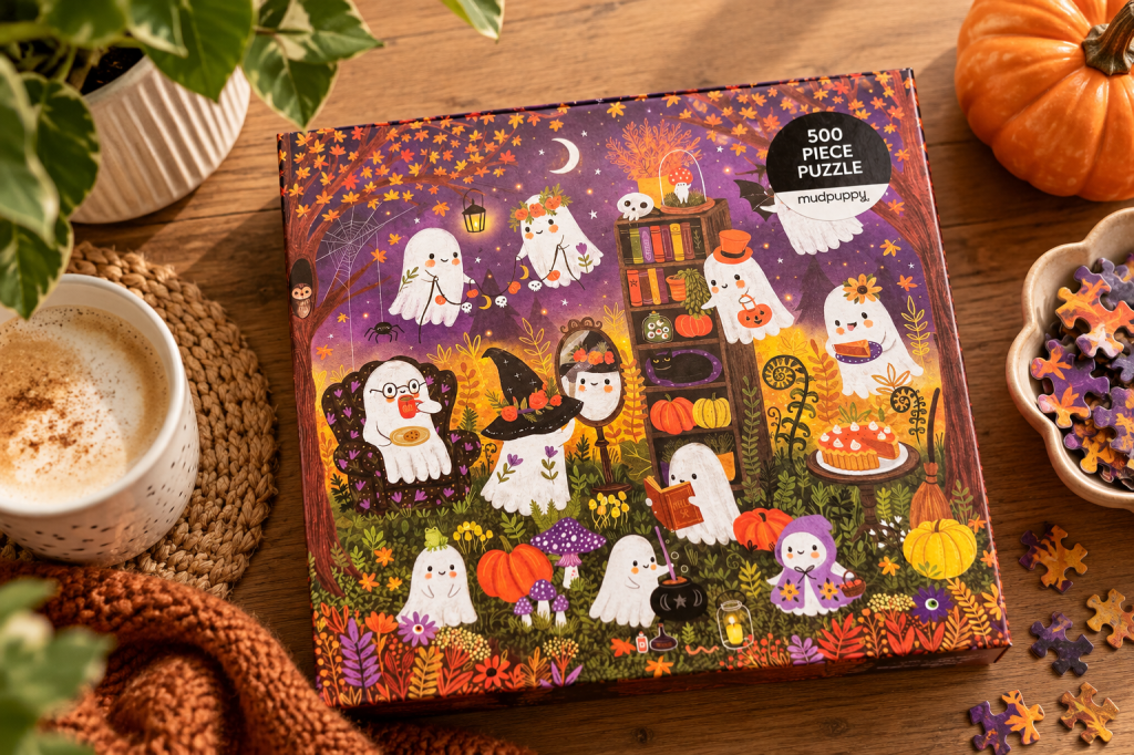 De doos van de Spooky Gathering puzzel op een herfsttafel