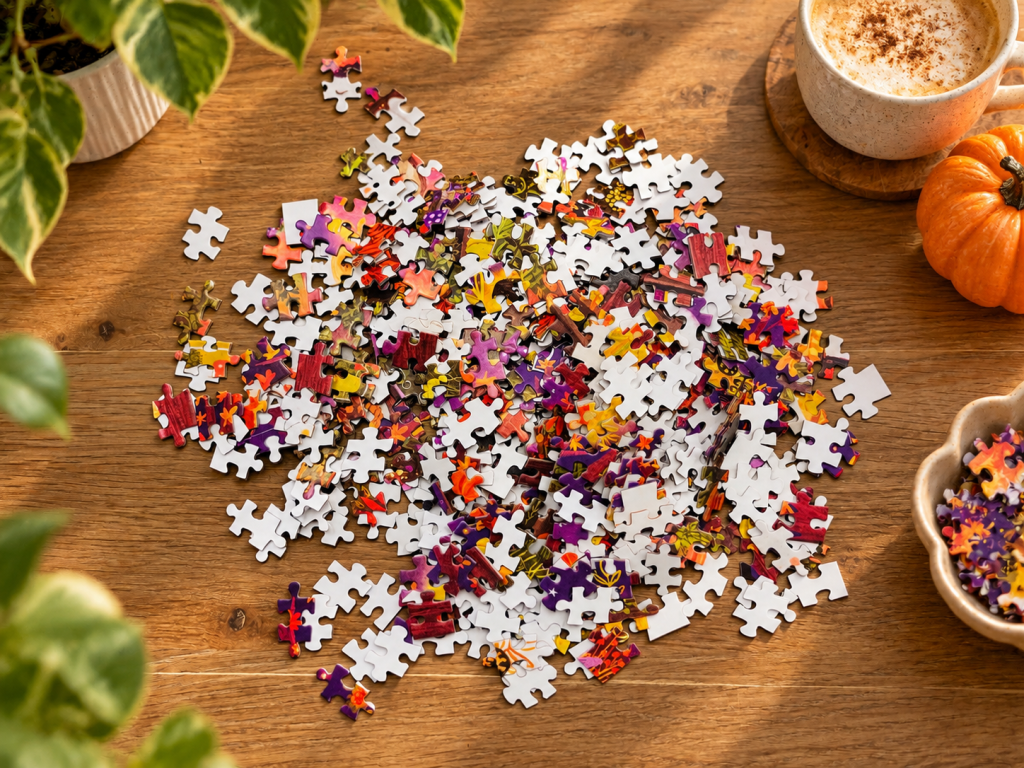 Alle puzzelstukjes op een hoop op tafel