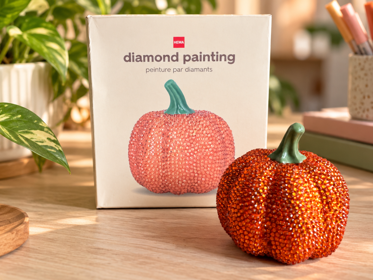 Diamond painting pompoen van HEMA: klein pompoentje, lekker veel&nbsp;gepriegel