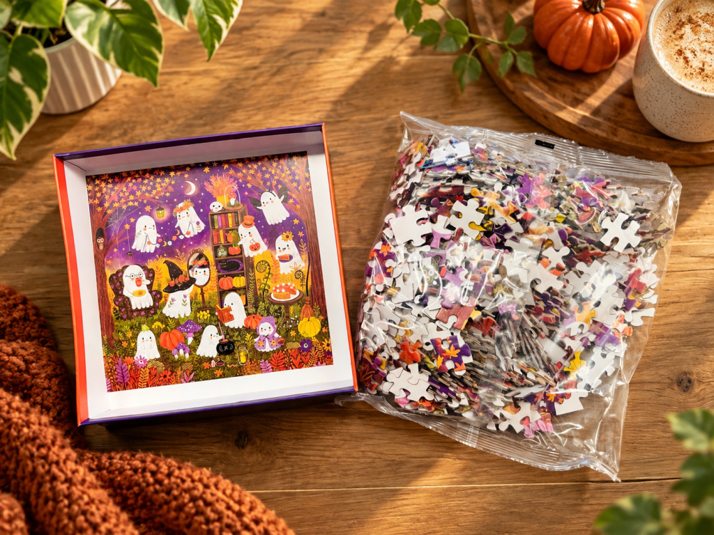 De doos open: een plastic zak met alle puzzelstukjes en een voorbeeldpagina van de puzzel